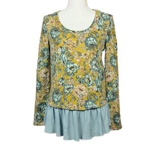 Anthropologie LILKA M Goldenrod Floral Knit Pullover Blue Chambray Peplum Ruffle